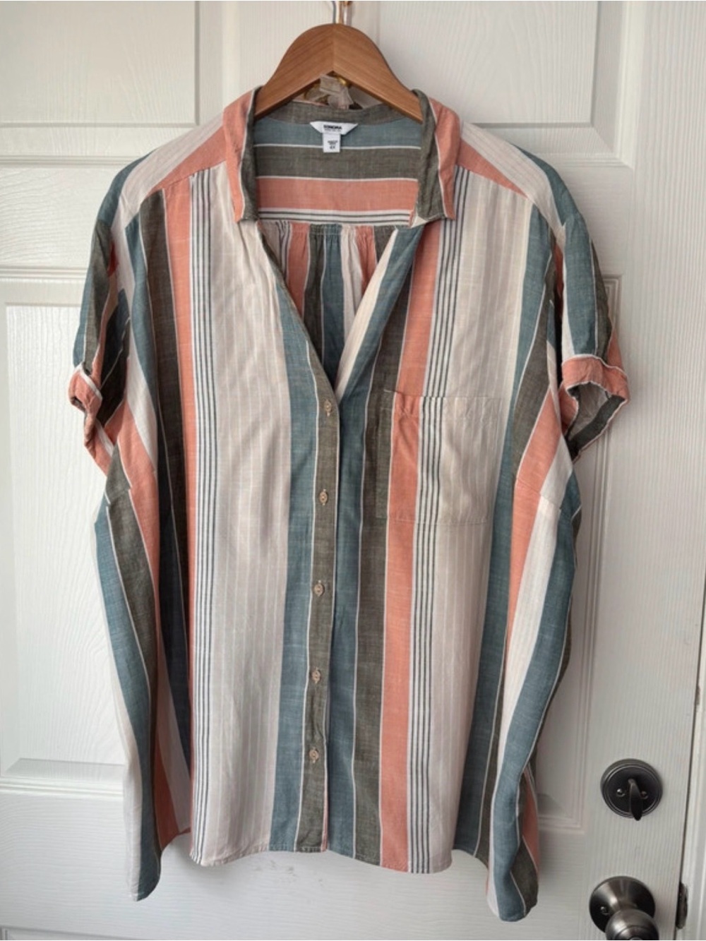 Sonoma Striped Short-Sleeve Button Front Top - Blue, Cream & Coral